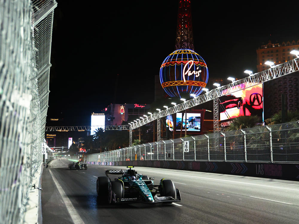 Fernando Alonso of Spain driving the (14) Aston Martin AMR23 Mercedes on track during the F1 Grand Prix of Las Vegas at Las Vegas Strip Circuit on Saturday in Las Vegas.