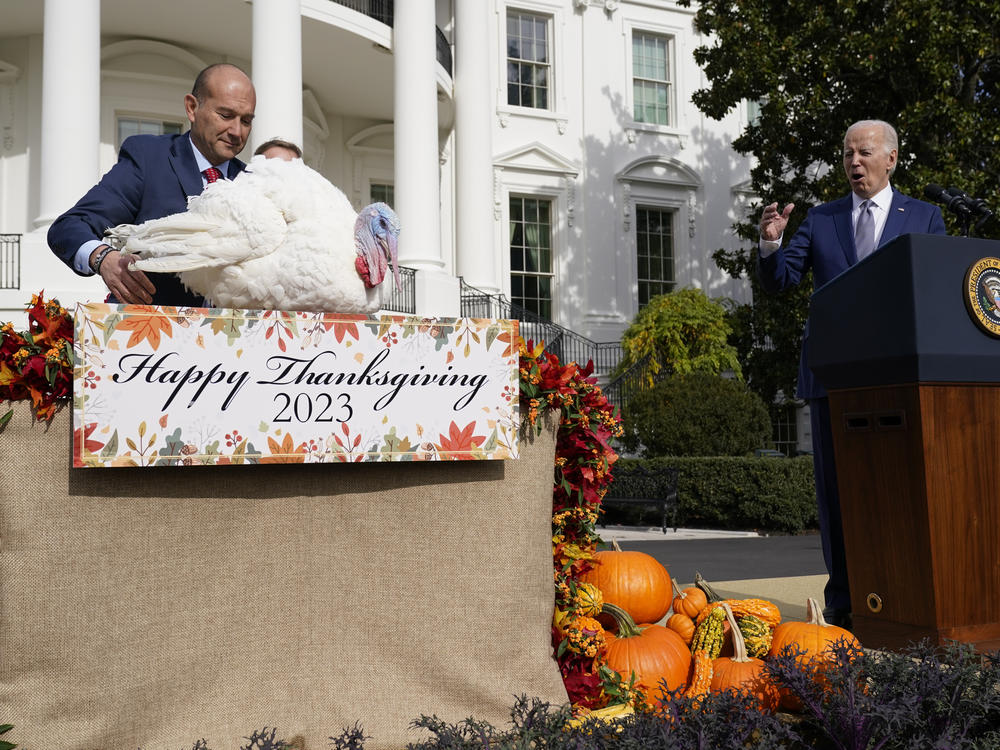 President Biden speaks as he pardons the national Thanksgiving turkeys during a ceremony at the White House on Monday.