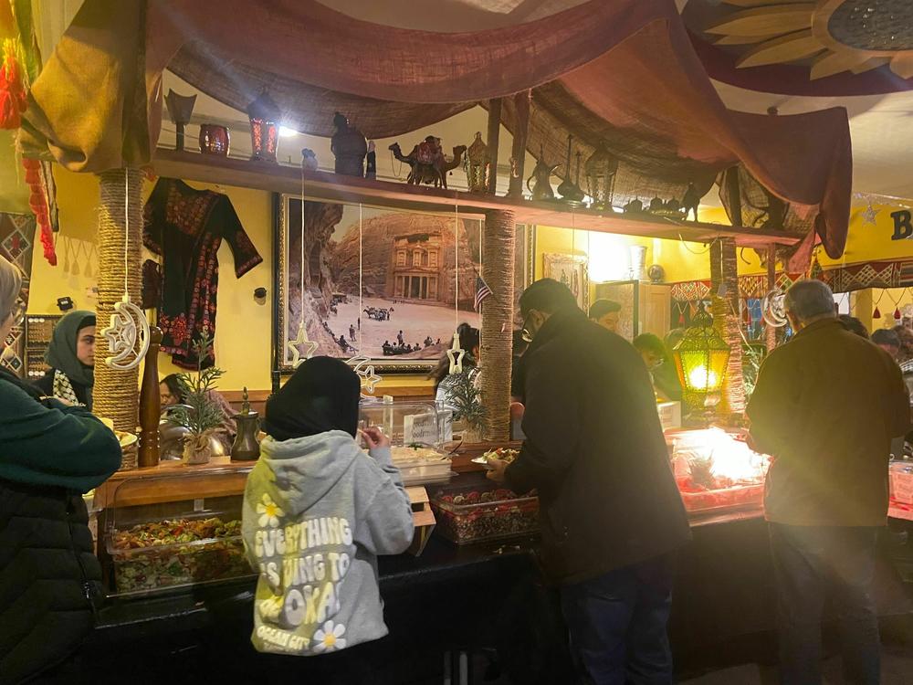 The dinner buffet at Bawadi Mediterranean Grill's recent Monday night fundraiser included chicken shawarma, hummus and traditional Palestinian sweets.
