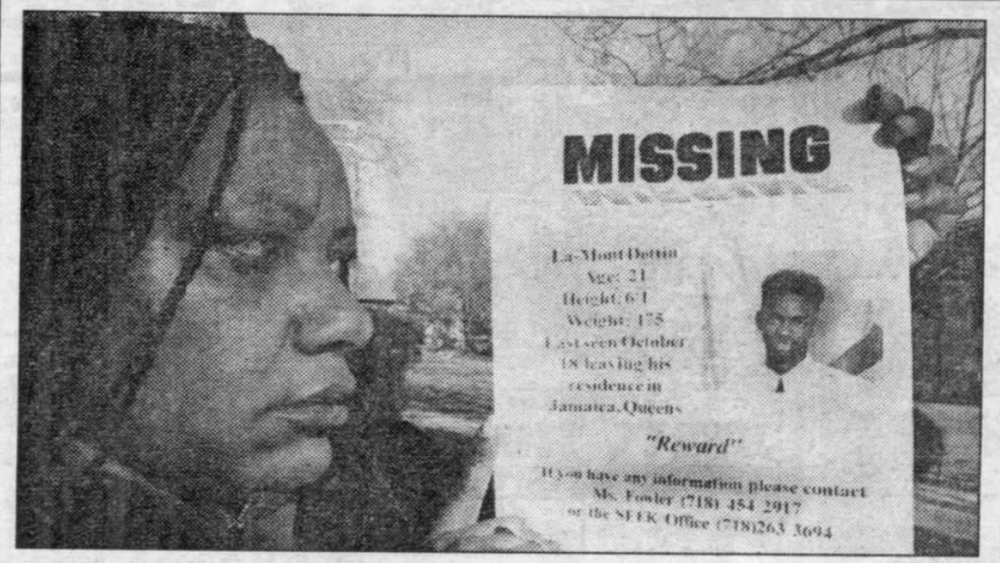 A clipping from the <em>New York Daily News</em> from Nov. 21, 1995 shows Fowler holding a missing persons flyer for her son.