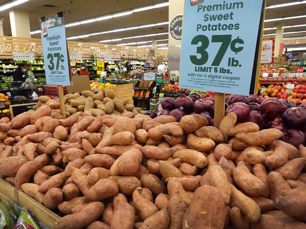 Grocery prices overall are still higher than last year, including for sweet potatoes and pumpkin pie filling.