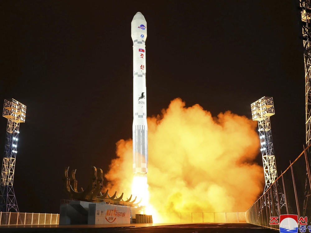 This photo provided by the North Korean government shows what the country said is the launch of the Malligyong-1, a military spy satellite, into orbit on Tuesday, Nov. 21, 2023. Independent journalists were not given access to cover the event depicted in this image distributed by the North Korean government.