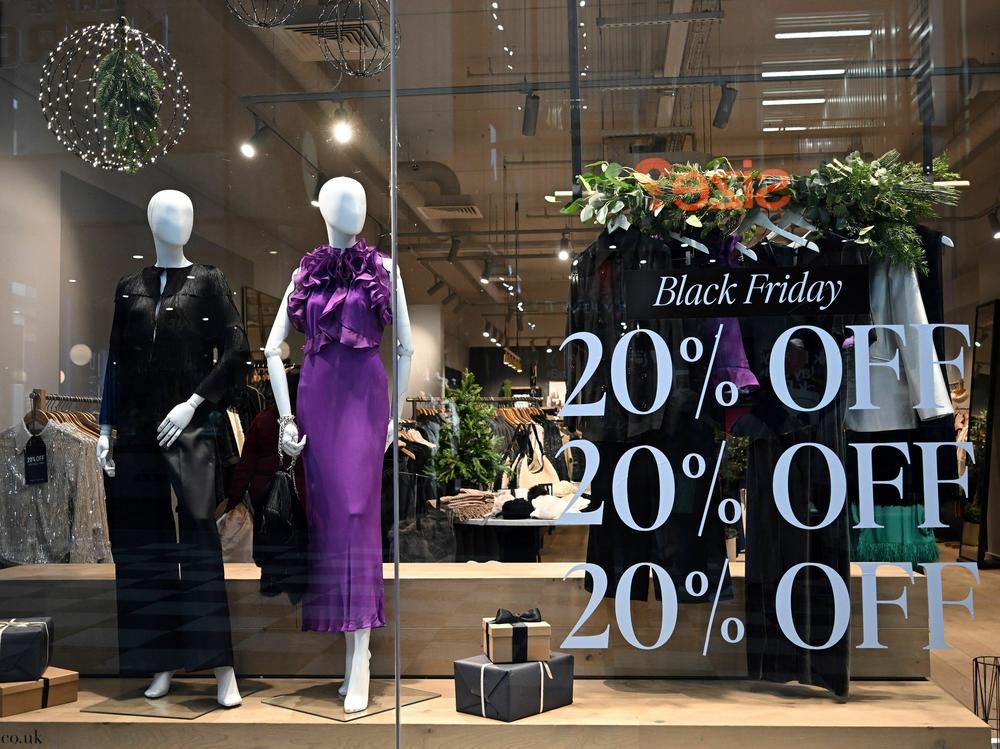 Black Friday sales are advertised in a window display in Liverpool in England on Nov. 22.