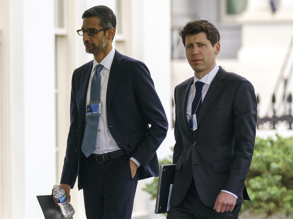 Alphabet CEO Sundar Pichai, left, and OpenAI CEO Sam Altman arrive to the White House for a meeting in May.