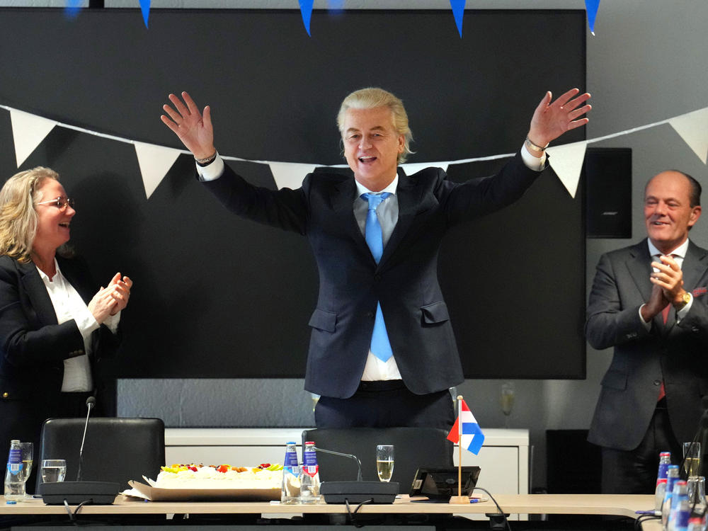 Geert Wilders, the leader of the Dutch Party for Freedom, celebrates in his party office after his party's victory in Wednesday's general election, on Nov. 23, 2023 in The Hague, Netherlands.