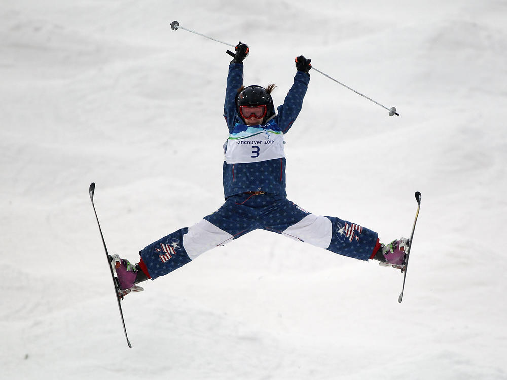 Hannah Kearney competes in the women's freestyle skiing aerials qualification at the Vancouver Winter Olympics in 2010.