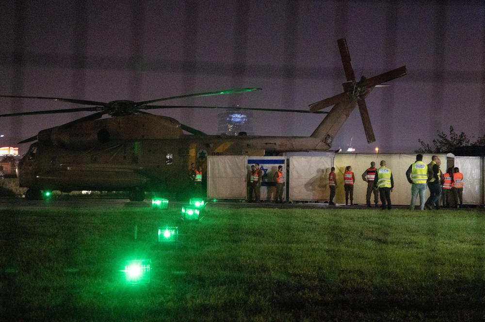 Released Israeli hostages are brought to Schneider Hospital via helicopter in Petah Tikvah, Israel.