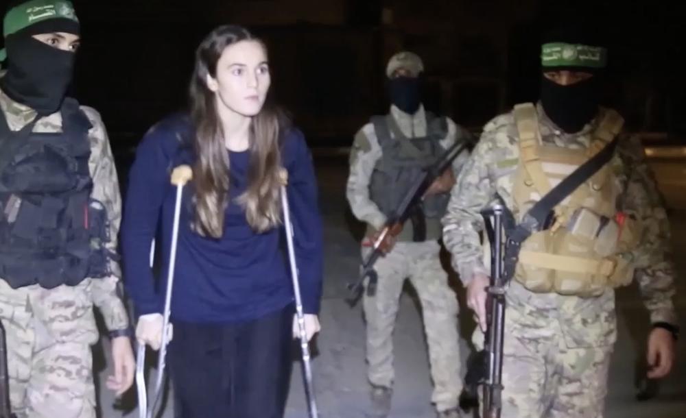 A screen grab captured from a video shows the release of Israeli hostages as part of the exchange agreement during the four-day humanitarian pause in Gaza City, Gaza on Nov. 26, 2023.