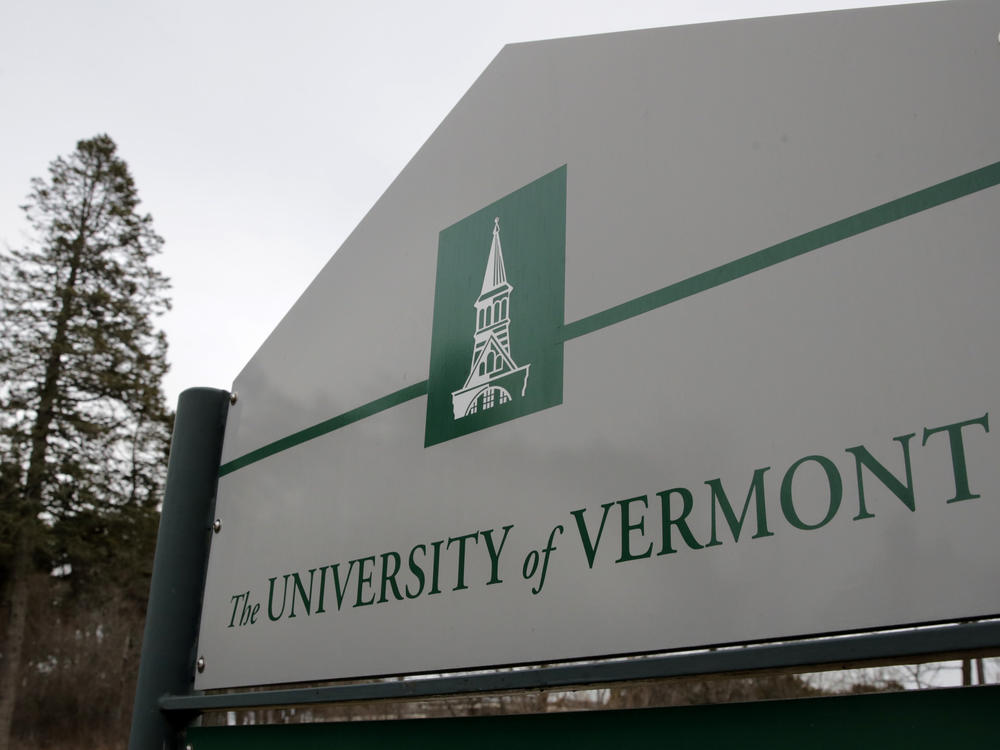A sign on the University of Vermont campus in Burlington, Vt., is pictured on March 11, 2020.