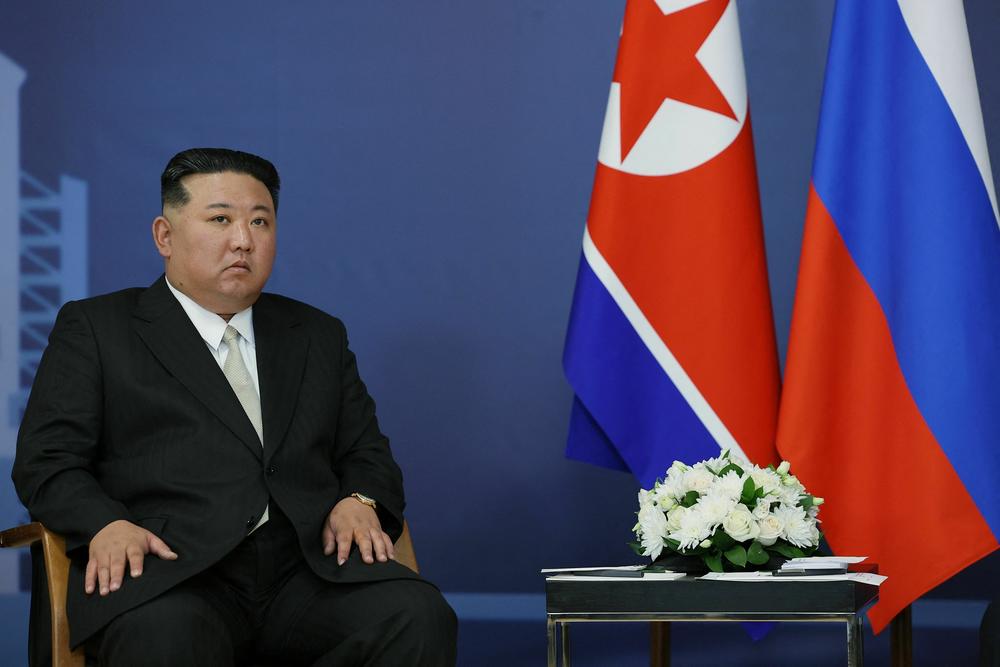 This pool image distributed by Sputnik agency shows North Korea's leader Kim Jong Un during his meeting with Russian President Vladimir Putin at the Vostochny Cosmodrome in Russia on Sept. 13.