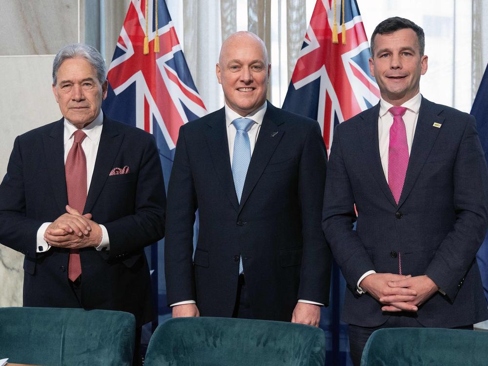 New Zealand's new Prime Minister Christopher Luxon, center, formed a coalition government with Winston Peters, left, the leader of the New Zealand First party, and David Seymour, leader of ACT New Zealand.