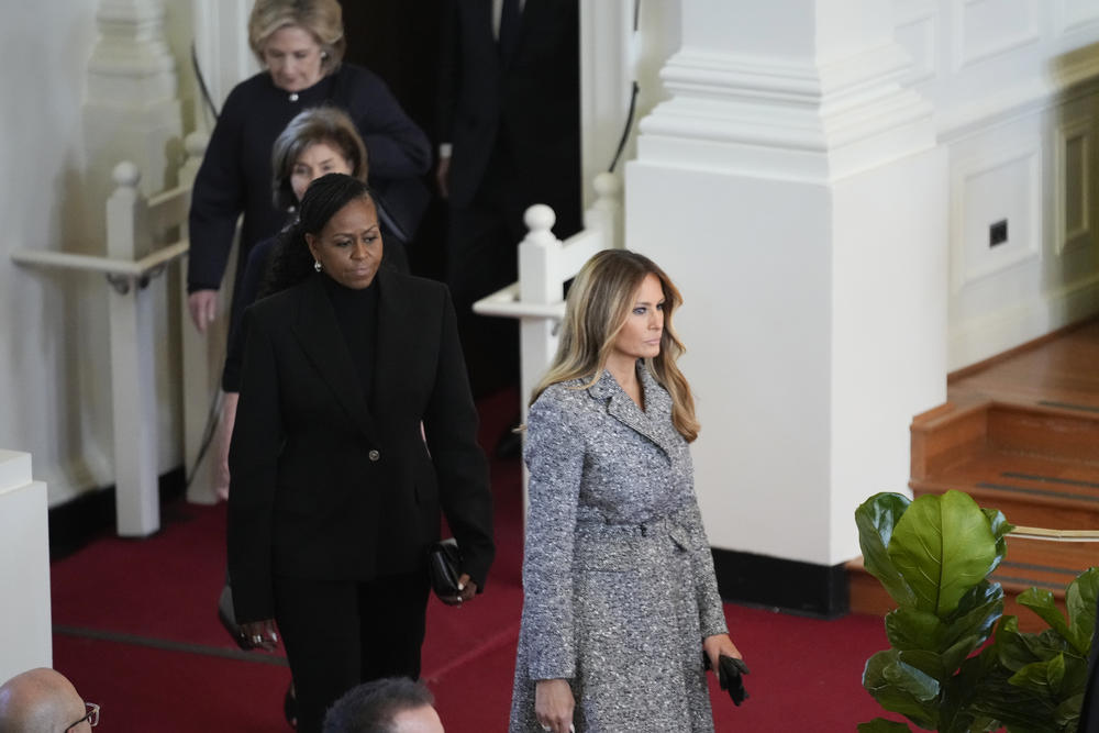 Former first ladies Melania Trump, Michelle Obama, Laura Bush and Hillary Clinton, arrive to attend a tribute service for former first lady Rosalynn Carter at Glenn Memorial Church, Tuesday, Nov. 28, 2023, in Atlanta.