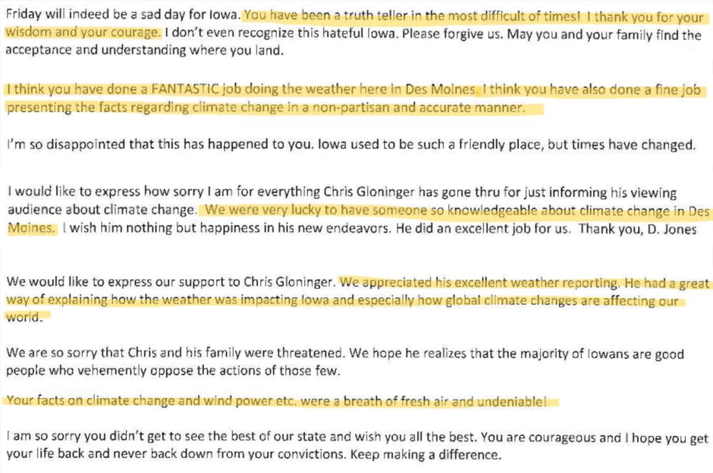 Chris Gloninger received hundreds of messages like these after he told viewers he was stepping away from his role at KCCI, in part due to the harassment and death threats he received.