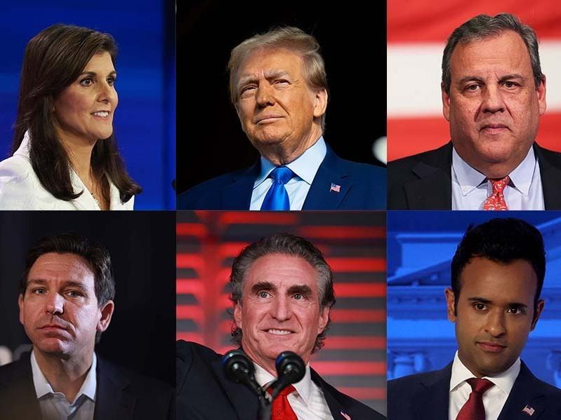 From left to right, top: former U.N. Ambassador Nikki Haley, former President Donald Trump, former New Jersey Gov. Chris Christie. From left to right, bottom:  Florida Gov. Ron DeSantis, North Dakota Gov. Doug Burgum and Vivek Ramaswamy.