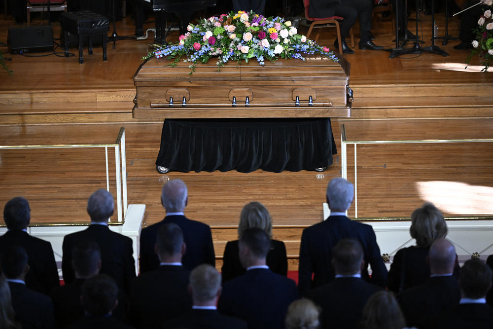 The casket of former US First Lady Rosalynn Carter is seen during a tribute service, at Glenn Memorial Church in Atlanta, Ga., on Nov. 28, 2023.