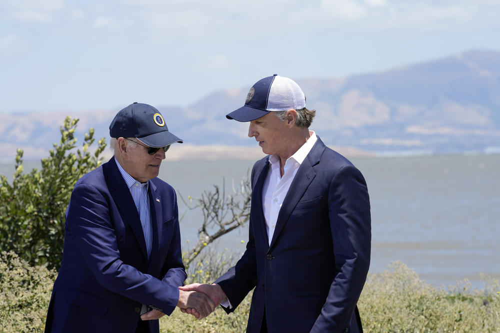 President Biden shakes hands with California Gov. Gavin Newsom as they visit the Lucy Evans Baylands Nature Interpretive Center and Preserve in Palo Alto, Calif. on June 19.