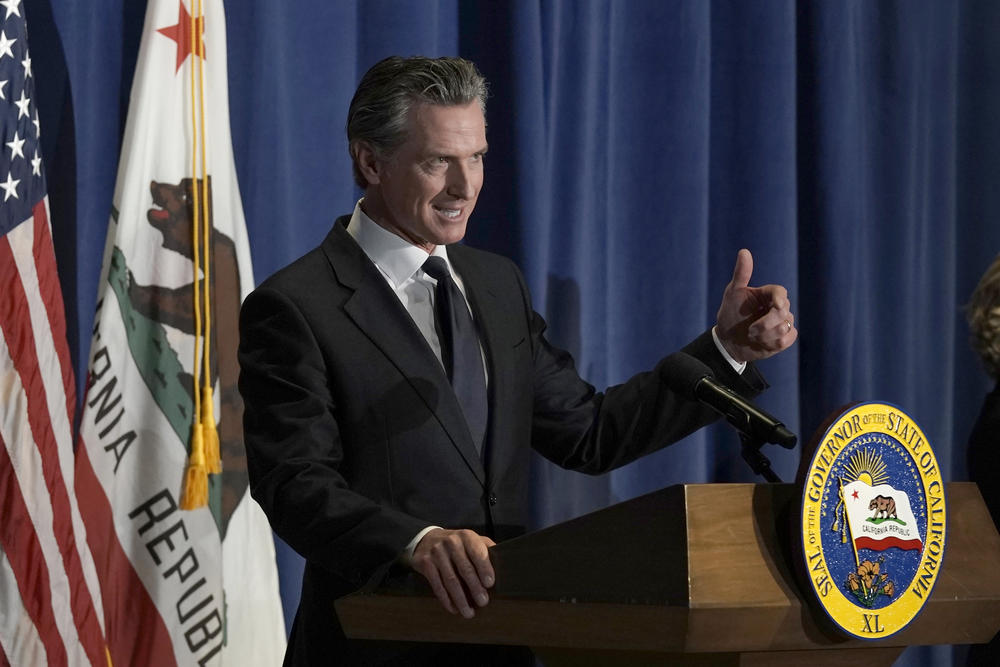 California Gov. Gavin Newsom unveils his 2022-2023 state budget revision during a news conference in Sacramento, Calif., on May 13, 2022.