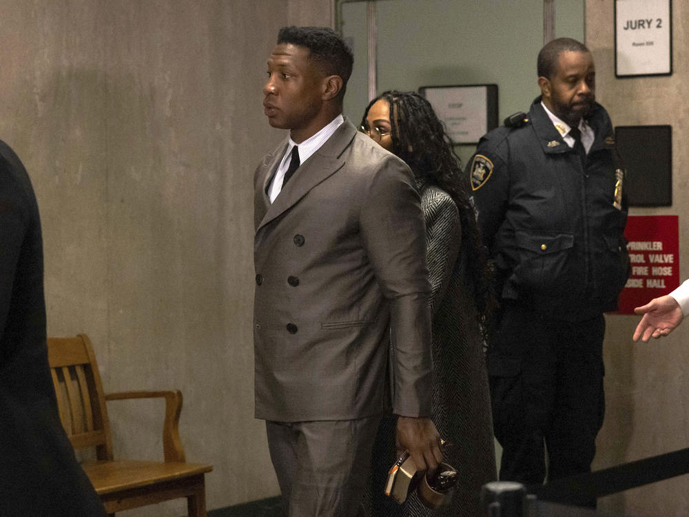 Actor Jonathan Majors arrives at court for jury selection in a domestic violence case.
