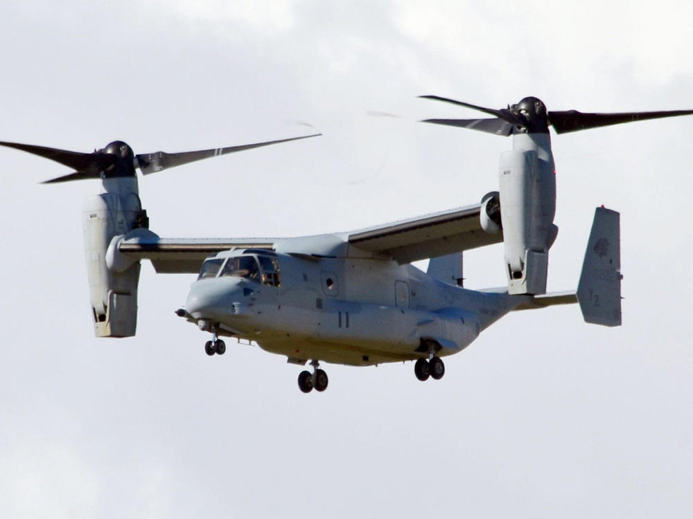 One of two MV22 Osprey tilt-rotor transport aircraft arrives at the Futenma Air Station in Okinawa Prefecture on Aug 3 2013