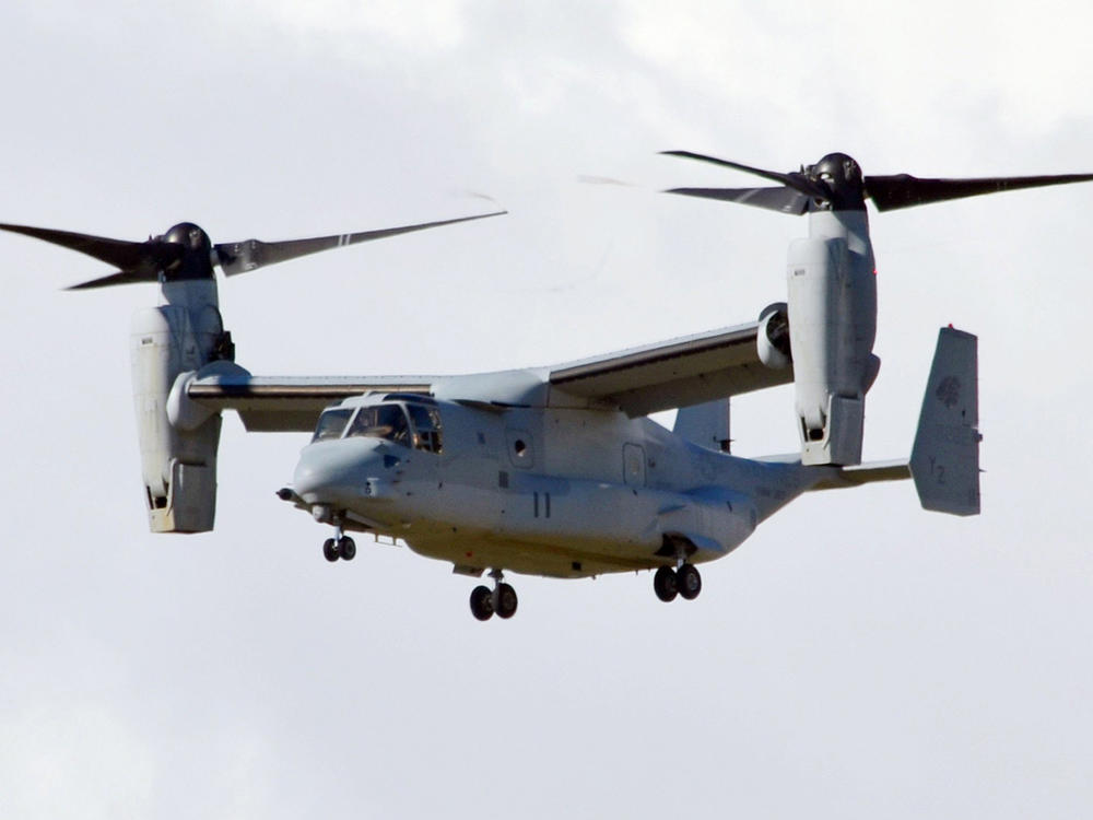 One of two MV22 Osprey tilt-rotor transport aircraft arrives at the Futenma Air Station in Okinawa Prefecture on Aug. 3, 2013.