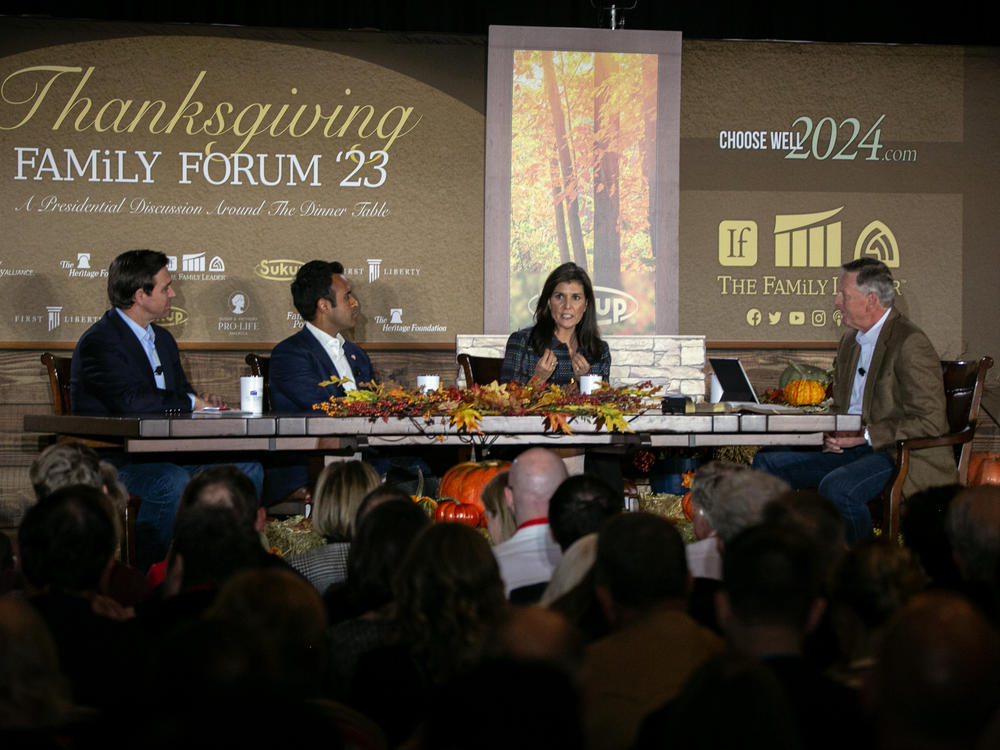 Republican presidential candidates Ron DeSantis, Vivek Ramaswamy and Nikki Haley speak with President and CEO of The Family Leader Bob Vander Plaats last month in Des Moines, Iowa.