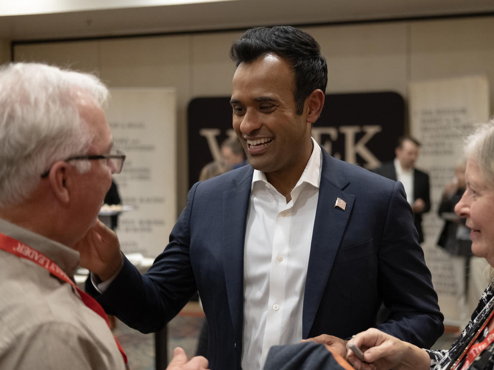 Republican Presidential Candidate Vivek Ramaswamy speaks to supporters after the Thanksgiving Family Forum last month in Des Moines, Iowa.