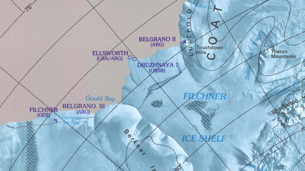 A map shows the locations of research stations in Antarctica, focusing on the coast of the Weddell Sea.