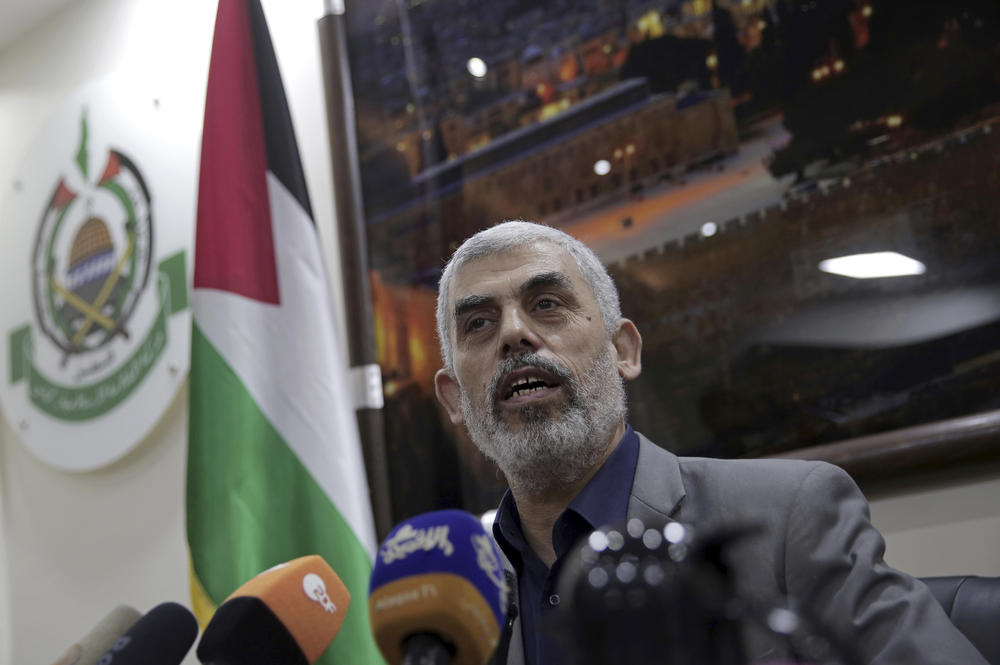 Yahya Sinwar, the Hamas militant group's leader in the Gaza Strip, speaks to international press, including NPR, in Gaza City on Nov. 21, 2018.