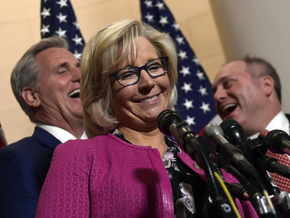 Rep. Liz Cheney, R-Wy., center, at a news conference in Washington, D.C., in 2018 with House Majority Leader Kevin McCarthy of Calif., left, and House Majority Whip Steve Scalise, R-La., when she was chairwoman of the House Republican Conference, the No. 3 position in leadership.