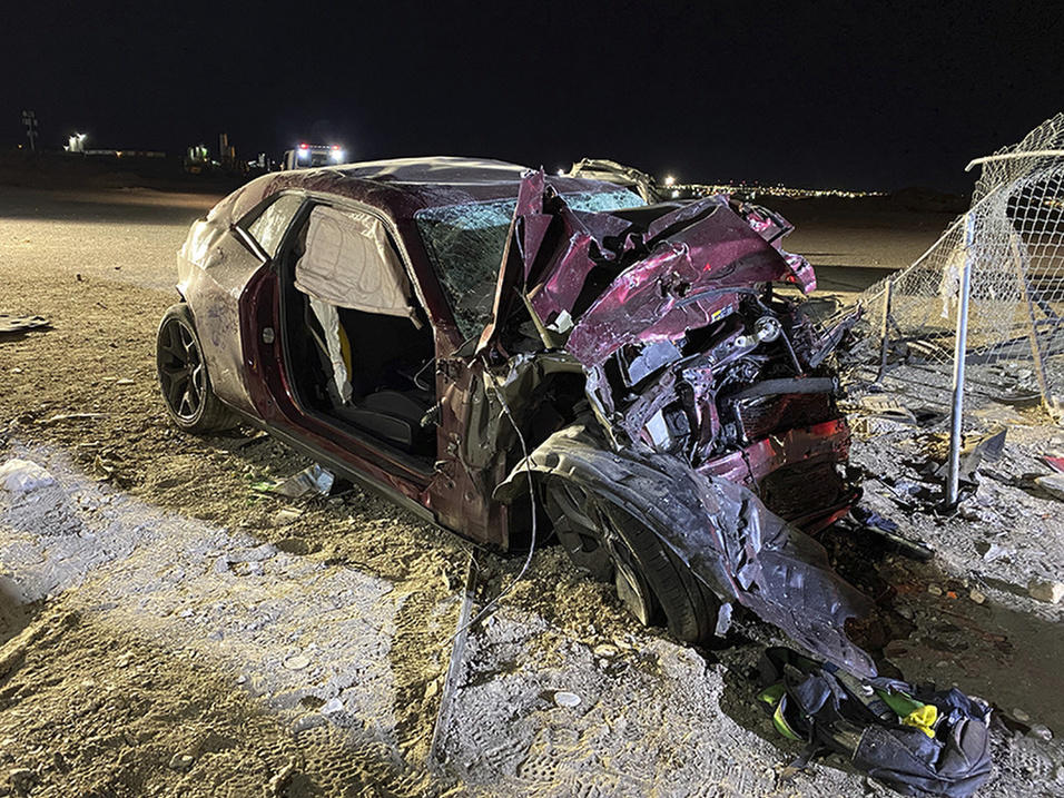 A photo released by the North Las Vegas Police Department shows the Dodge Challenger that was travelling more than 100 miles an hour before a fatal crash in January 2022.