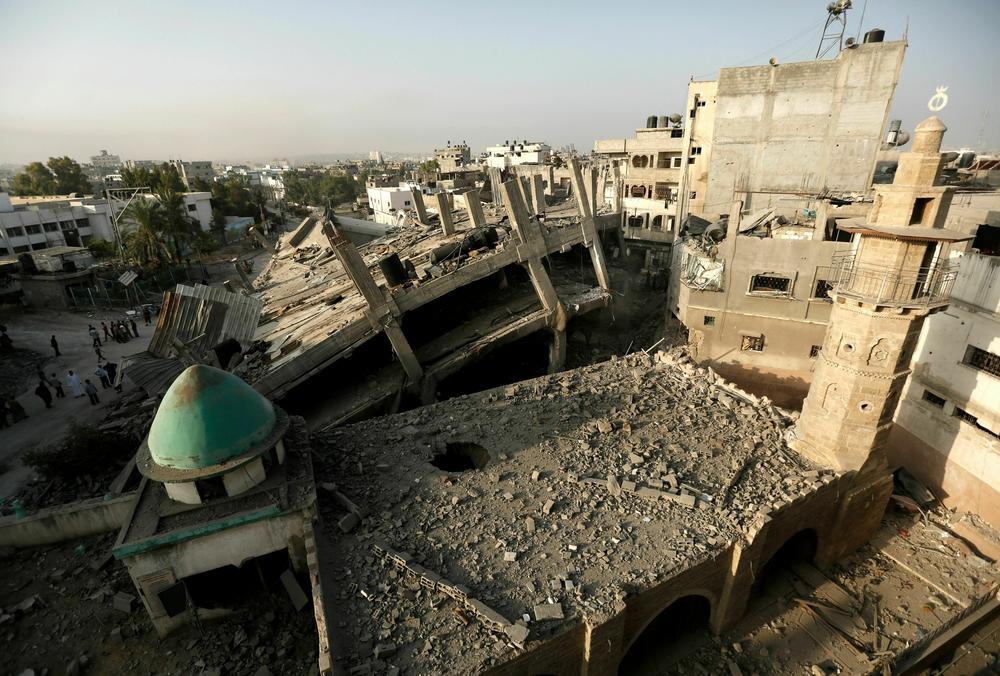 Damage at the historical Great Omari Mosque on Aug. 2, 2014.