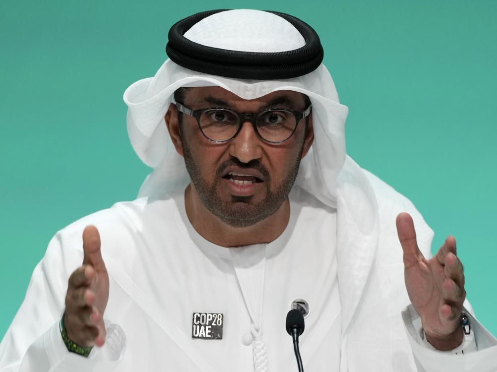 Sultan al-Jaber, who is leading the COP28 United Nations climate talks underway in the United Arab Emirates, speaks during a news conference on December 4, 2023. In a meeting shortly before talks began, he incorrectly insisted that it is not necessary to phase out fossil fuels in order to avoid catastrophic global warming.