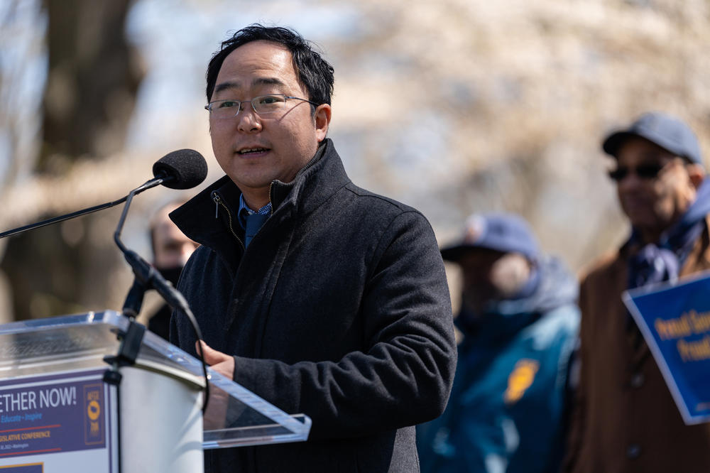 Rep. Andy Kim, D-N.J., speaking here in Washington, D.C., on March 29, 2022, says without political connections and wealth, it's hard to enter politics.