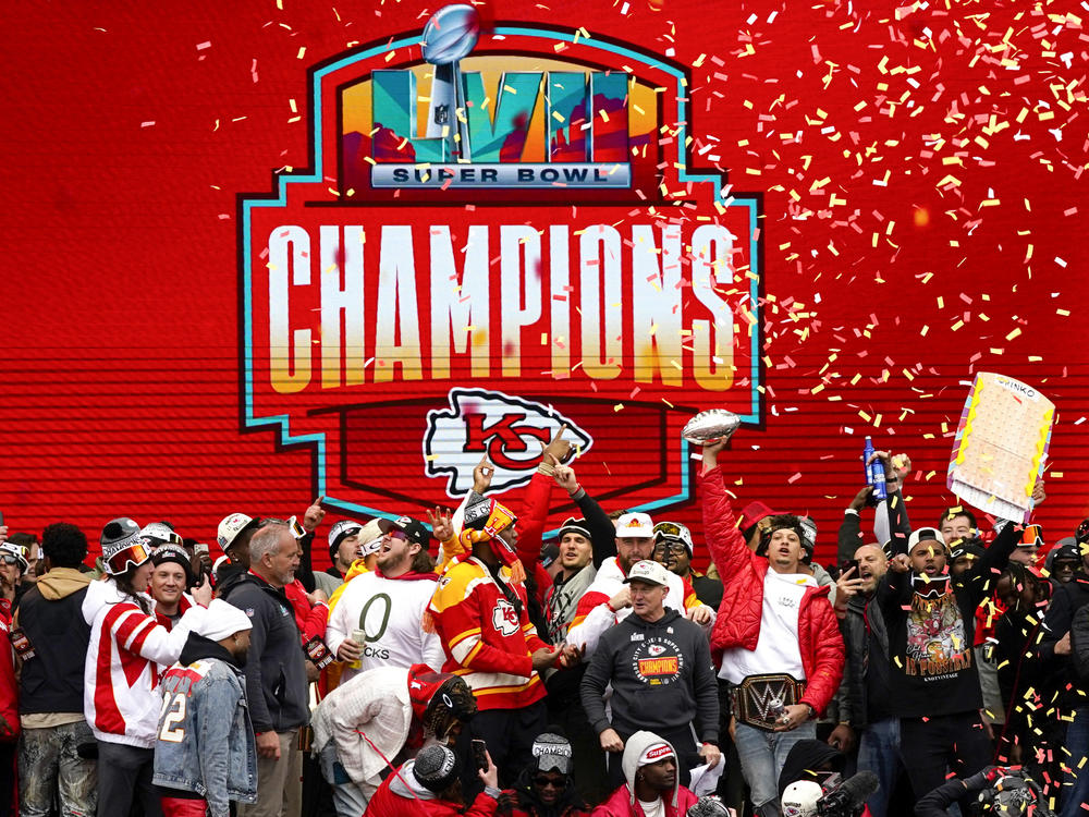 Kansas City Chiefs players during the Kansas City Chiefs Super Bowl LVII victory parade earlier this year.