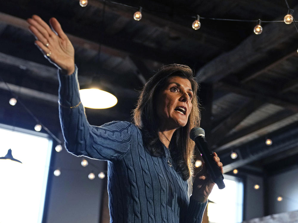 Republican presidential candidate former U.N. Ambassador Nikki Haley addresses a gathering during a campaign stop at a brewery, Nov. 29 in Meredith, N.H.