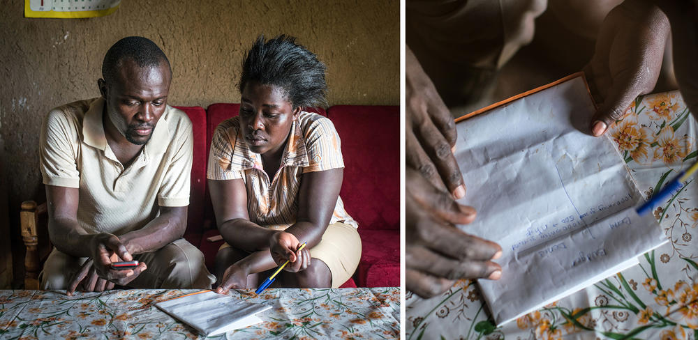 Husband and wife Denis and Bentha Otieno at their home in 2017, calculating their monthly budget shortly after they began receiving a monthly grant from the charity GiveDirectly. Researchers are studying whether the grant program — which provides $50 every month over 12 years — can lift people out of poverty.