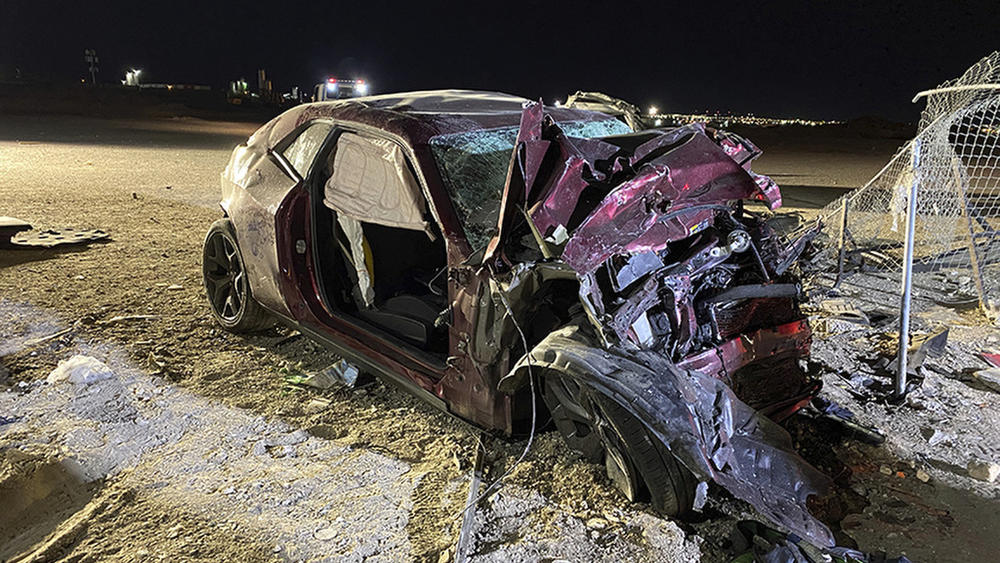 A photo released by the North Las Vegas Police Department shows the Dodge Challenger that was travelling more than 100 miles an hour before a fatal crash in January 2022.