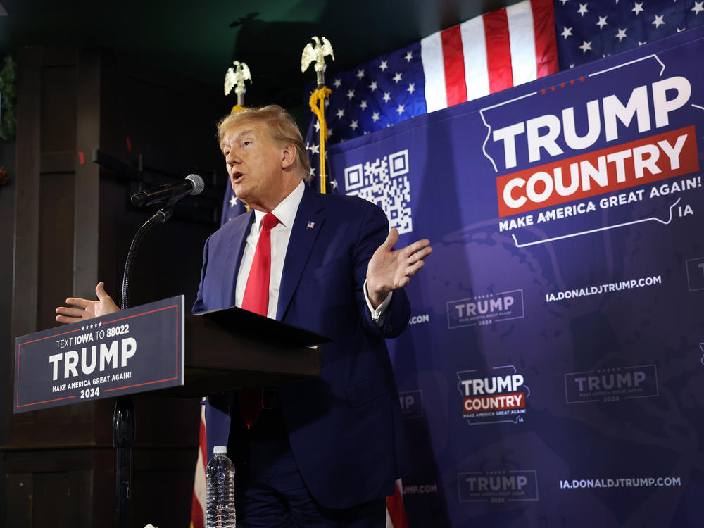 Former President Donald Trump speaks at a campaign event in Ankeny, Iowa.