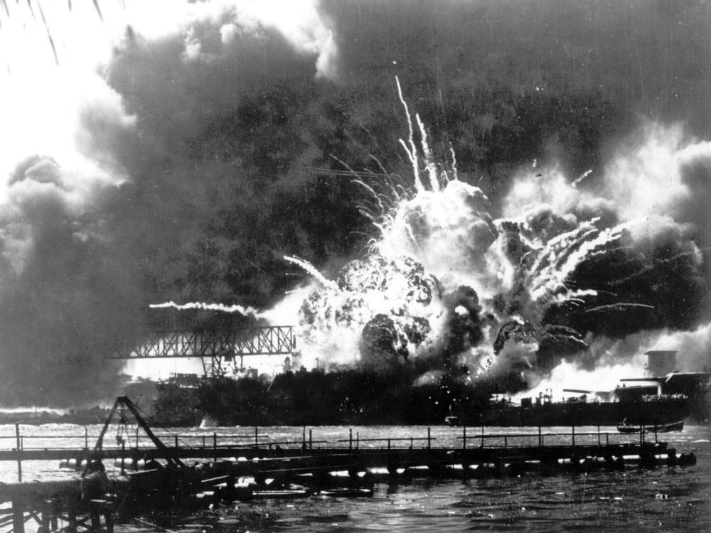 The destroyer USS Shaw explodes after being hit by bombs during the Japanese surprise attack on Pearl Harbor, Hawaii, December 7, 1941.