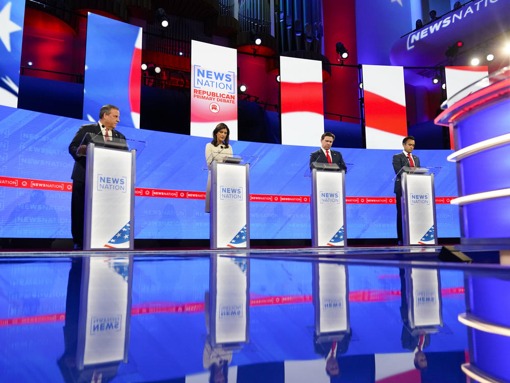 Republican presidential candidates from left, former New Jersey Gov. Chris Christie, former U.N. Ambassador Nikki Haley, Florida Gov. Ron DeSantis, and businessman Vivek Ramaswamy during a Republican presidential primary debate hosted by NewsNation on Wednesday at the University of Alabama in Tuscaloosa, Ala.