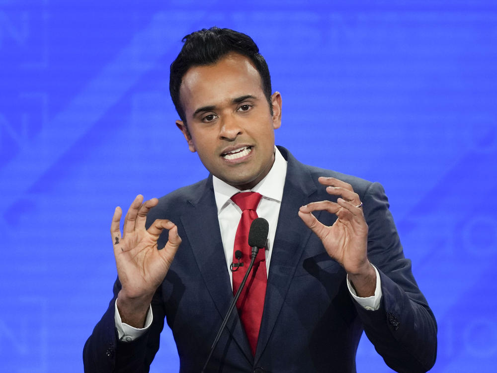 Republican presidential candidate businessman Vivek Ramaswamy gesturing during a Republican presidential primary debate hosted by NewsNation on Wednesday at the University of Alabama in Tuscaloosa, Ala.