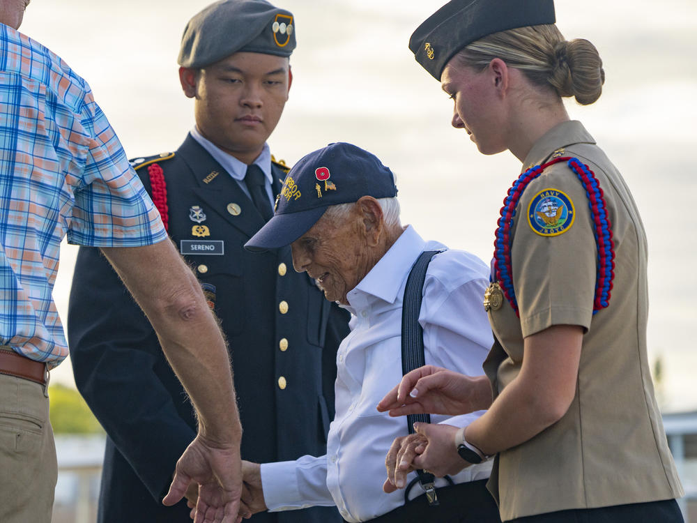 Pearl Harbor survivor Harry Chandler, 102, of Tequesta, Fla., represents all other survivors during the 82nd Pearl Harbor Remembrance Day ceremony on Thursday, Dec. 7, 2023, at Pearl Harbor in Honolulu, Hawaii.