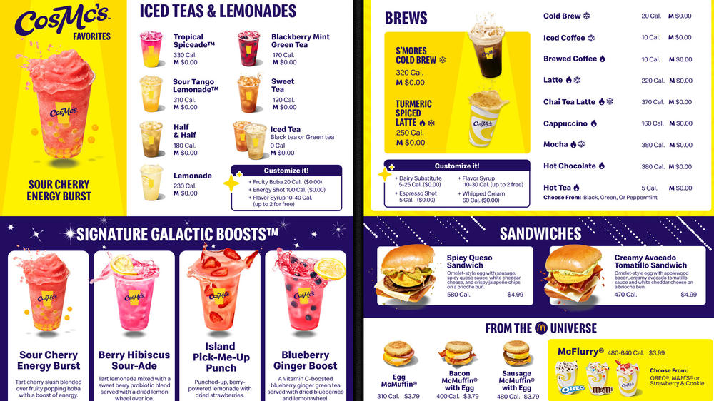 A sample menu shows food available at CosMc's, ranging from berry-flavored frappes to coffees and breakfast sandwiches.