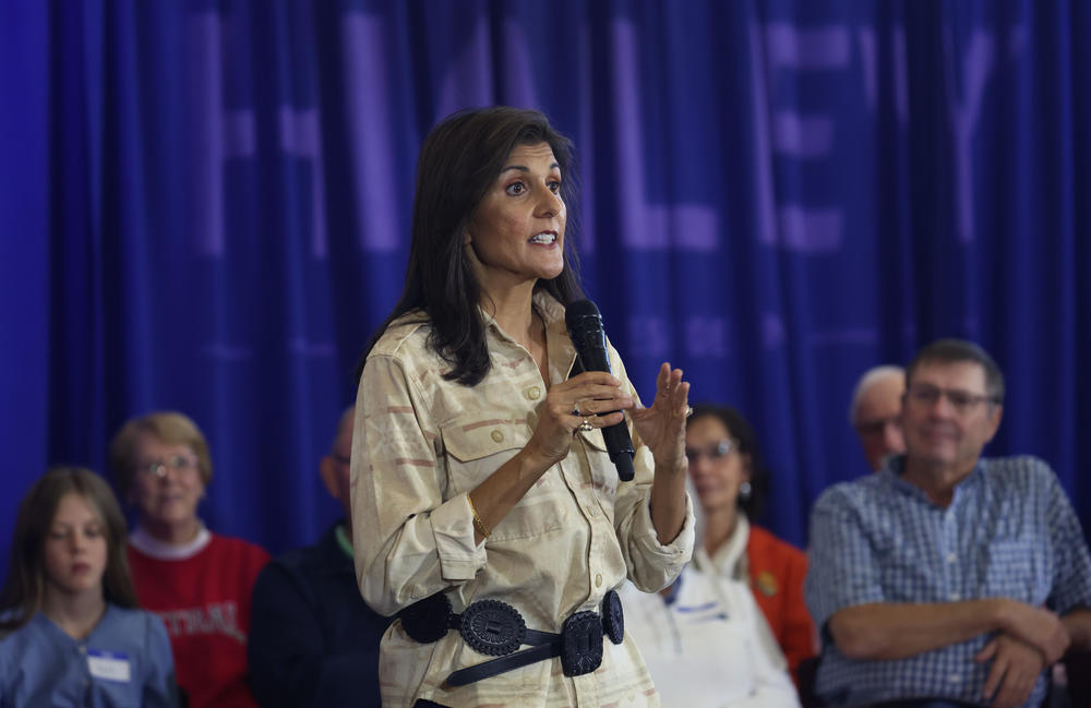 Former U.N. Ambassador Nikki Haley speaks during a campaign event on Oct. 21 in Pella, Iowa.