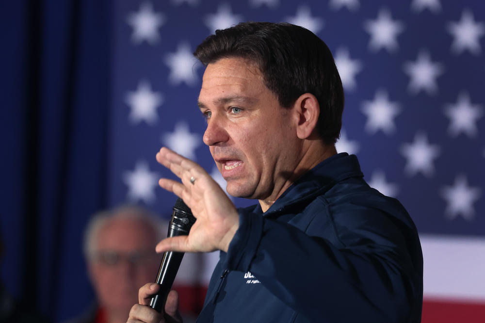 Florida Gov. Ron DeSantis speaks during a campaign rally Saturday in Newton, Iowa.