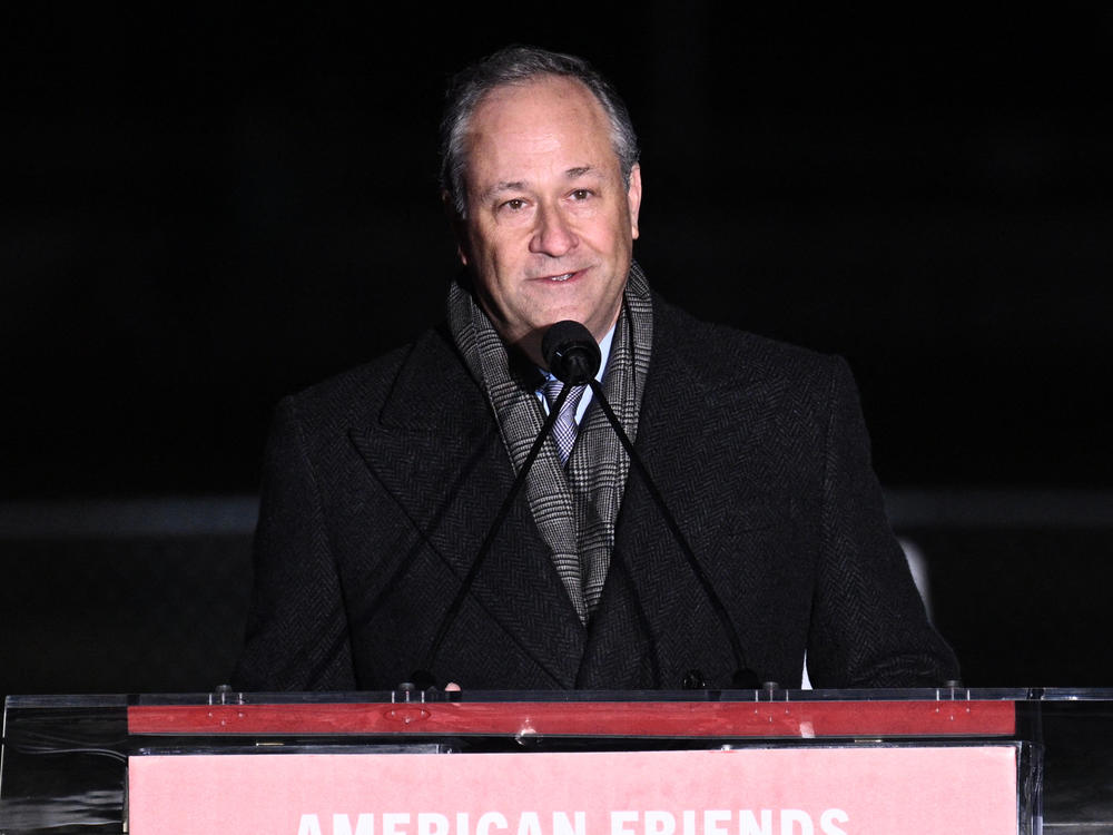 Second gentleman Doug Emhoff speaks during the Annual National Menorah Lighting at the White House on Dec. 7, 2023.