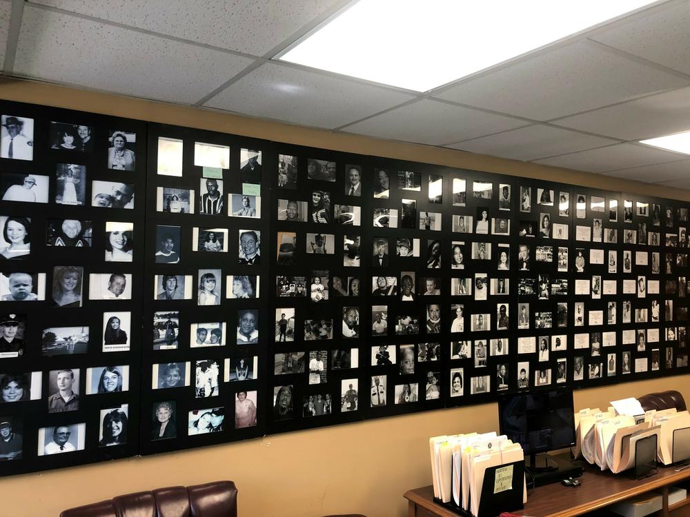 Portraits of homicide victims cover the walls at the Montgomery, Ala. headquarters of VOCAL (Victims of Crime and Leniency.) The group advocates for victims' rights and opposes parole of violent offenders.
