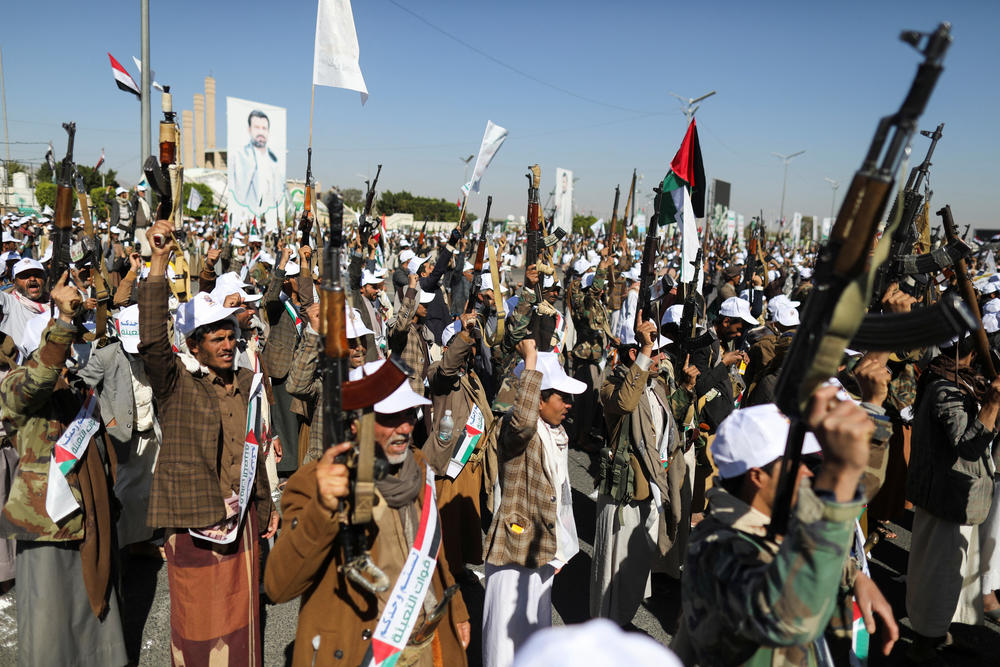 Newly recruited fighters who joined a Houthi military force intended to be sent to fight in support of the Palestinians in the Gaza Strip, march during a parade in Sanaa, Yemen, on Dec. 2.