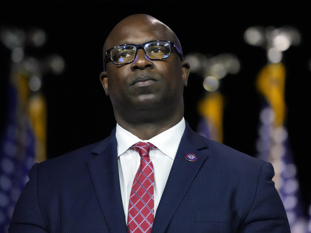 Rep. Jamaal Bowman, D-N.Y., listens to fellow speakers before President Joe Biden speaks during an event at SUNY Westchester Community College, May 10, 2023, in Valhalla, N.Y.