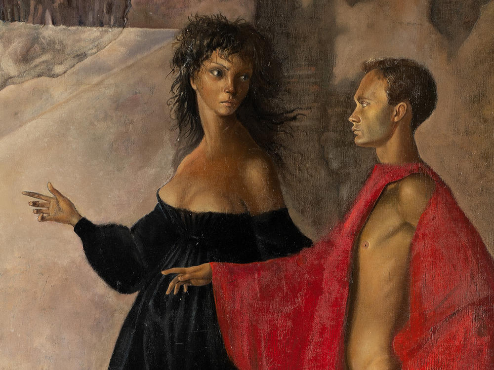 <em>Dans la tour (In the Tower)/Self-Portrait of Leonor Fini with Constantin Jelenski</em>, 1952, oil on canvas